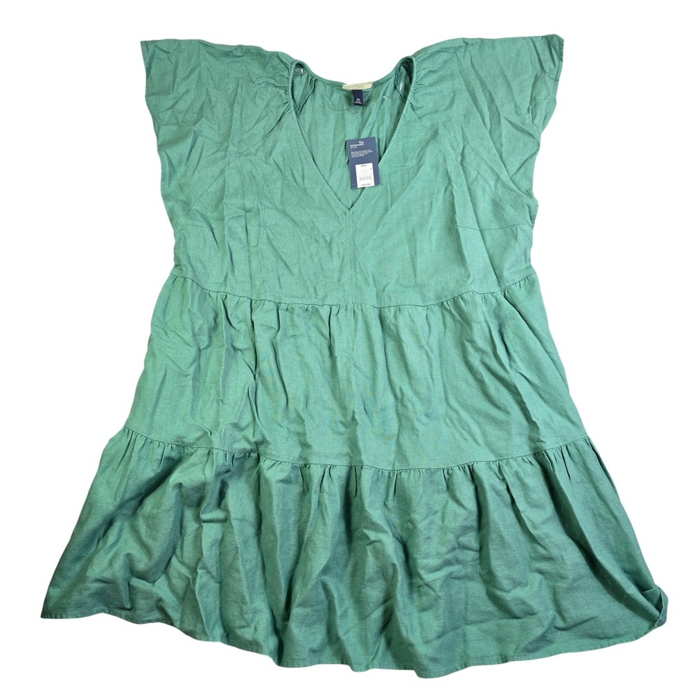 Universal Thread Tiered Dress Women XXL Green Linen V-Neck Babydoll Fit Flare